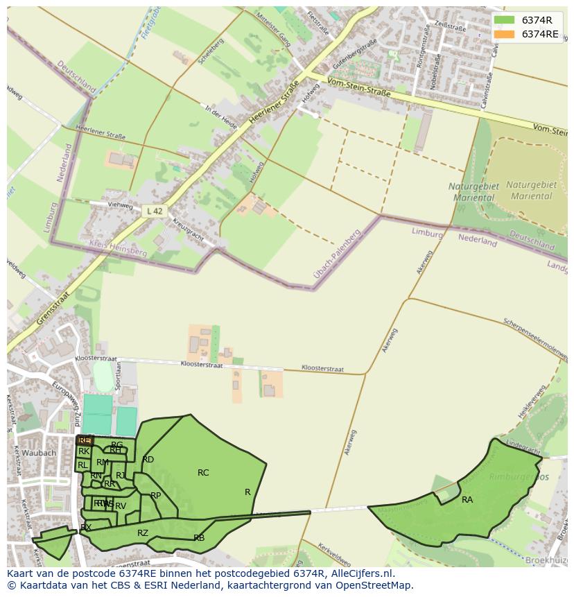 Afbeelding van het postcodegebied 6374 RE op de kaart.