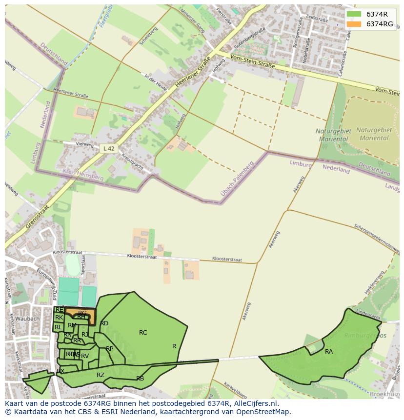 Afbeelding van het postcodegebied 6374 RG op de kaart.