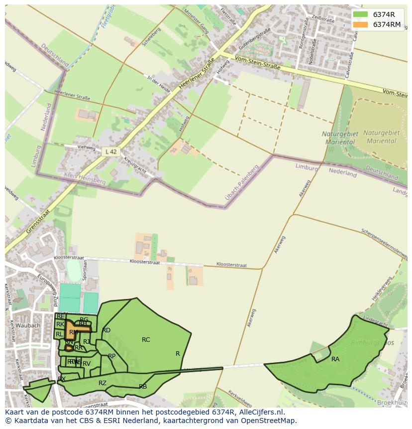 Afbeelding van het postcodegebied 6374 RM op de kaart.
