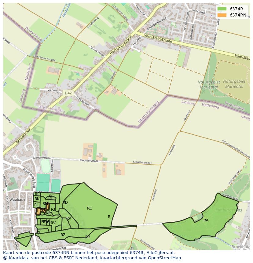 Afbeelding van het postcodegebied 6374 RN op de kaart.