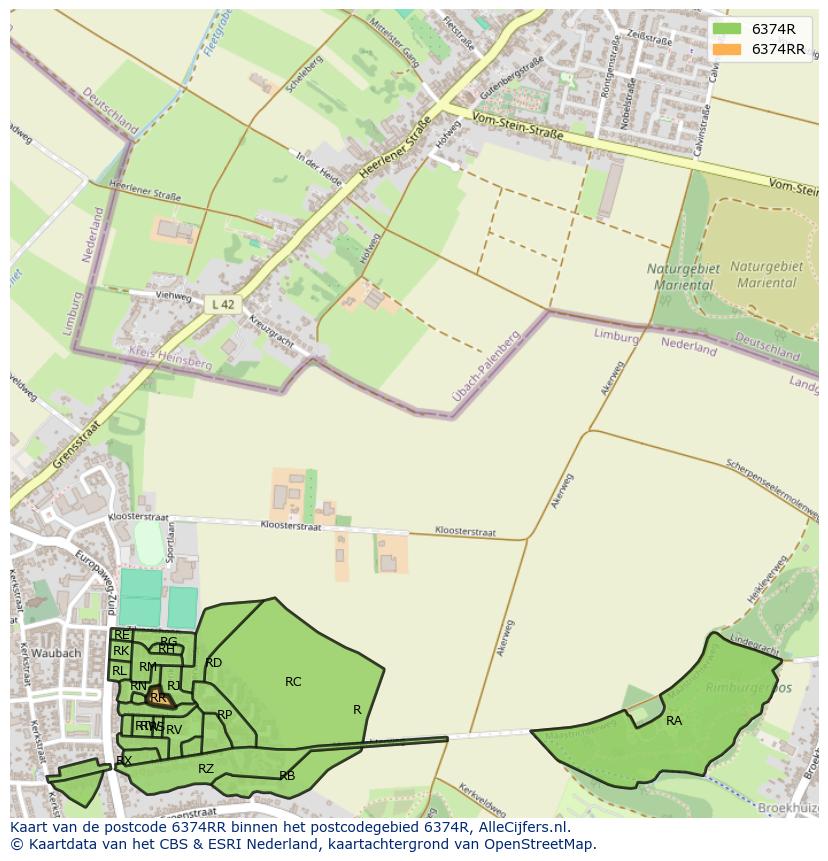 Afbeelding van het postcodegebied 6374 RR op de kaart.