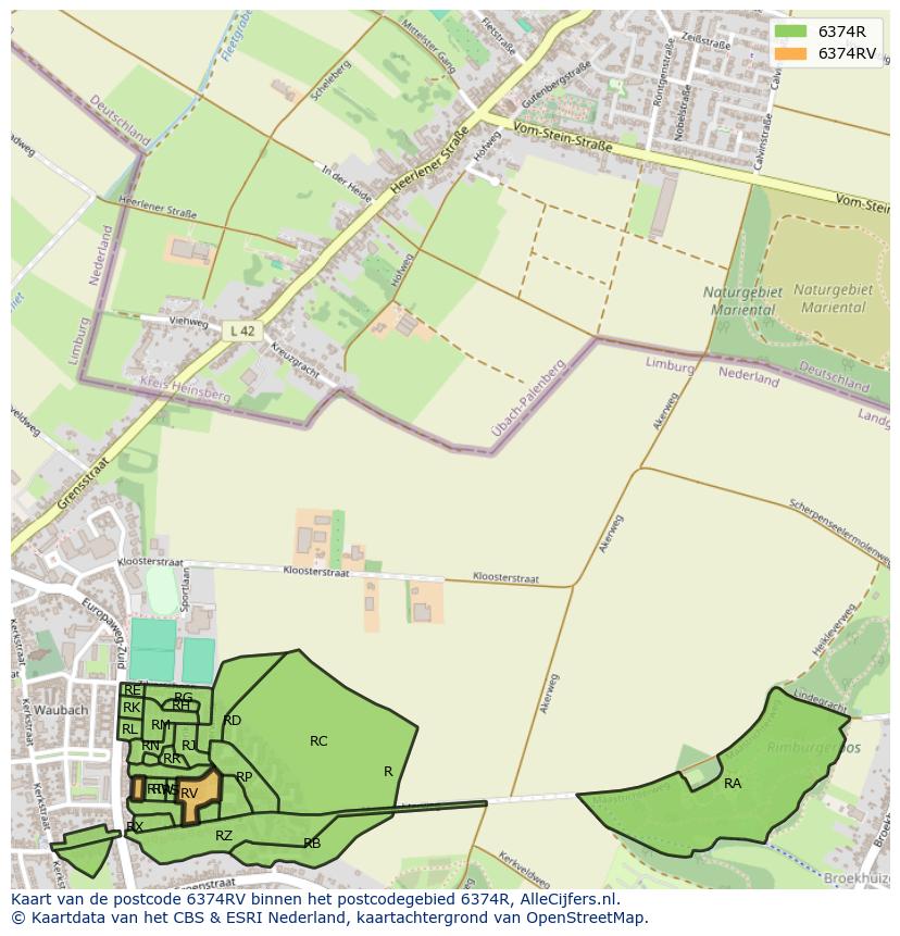 Afbeelding van het postcodegebied 6374 RV op de kaart.
