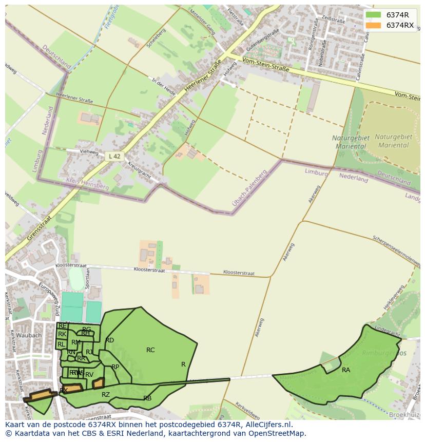 Afbeelding van het postcodegebied 6374 RX op de kaart.