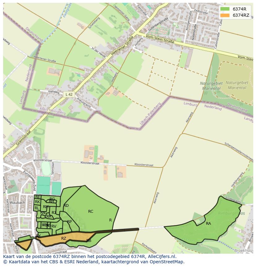 Afbeelding van het postcodegebied 6374 RZ op de kaart.