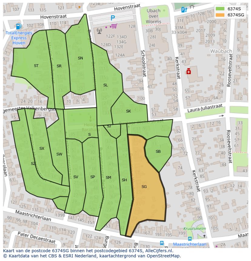Afbeelding van het postcodegebied 6374 SG op de kaart.