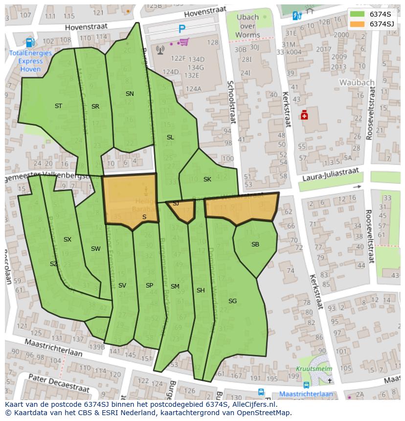 Afbeelding van het postcodegebied 6374 SJ op de kaart.