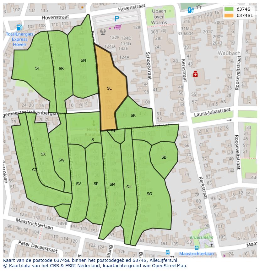 Afbeelding van het postcodegebied 6374 SL op de kaart.