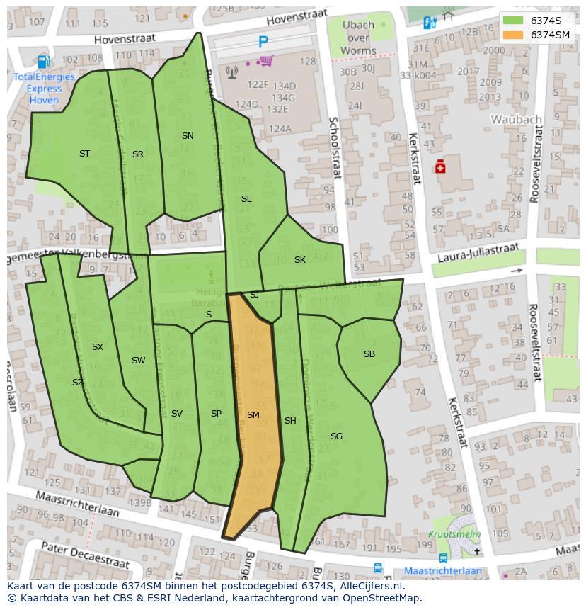 Afbeelding van het postcodegebied 6374 SM op de kaart.