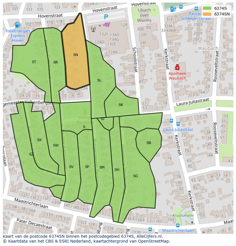 Afbeelding van het postcodegebied 6374 SN op de kaart.