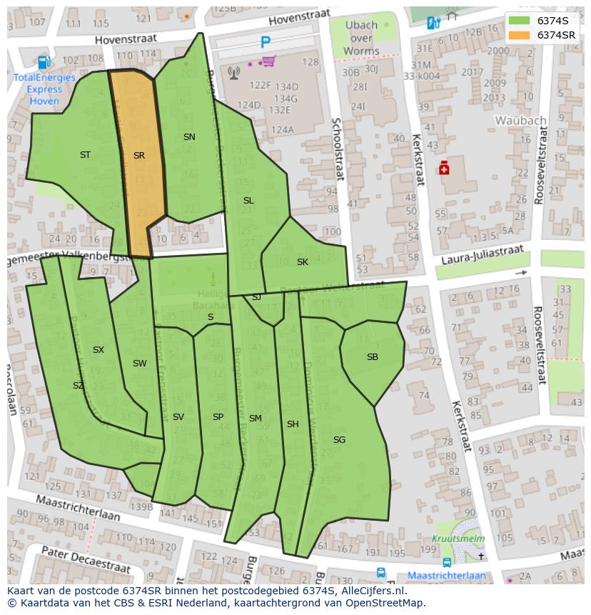Afbeelding van het postcodegebied 6374 SR op de kaart.