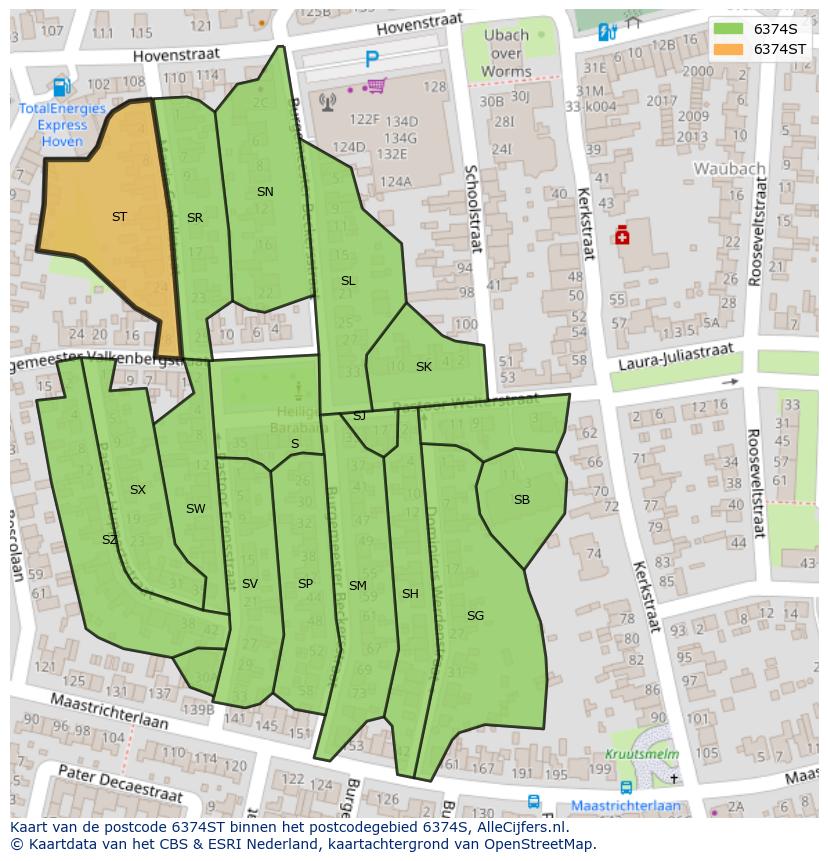 Afbeelding van het postcodegebied 6374 ST op de kaart.