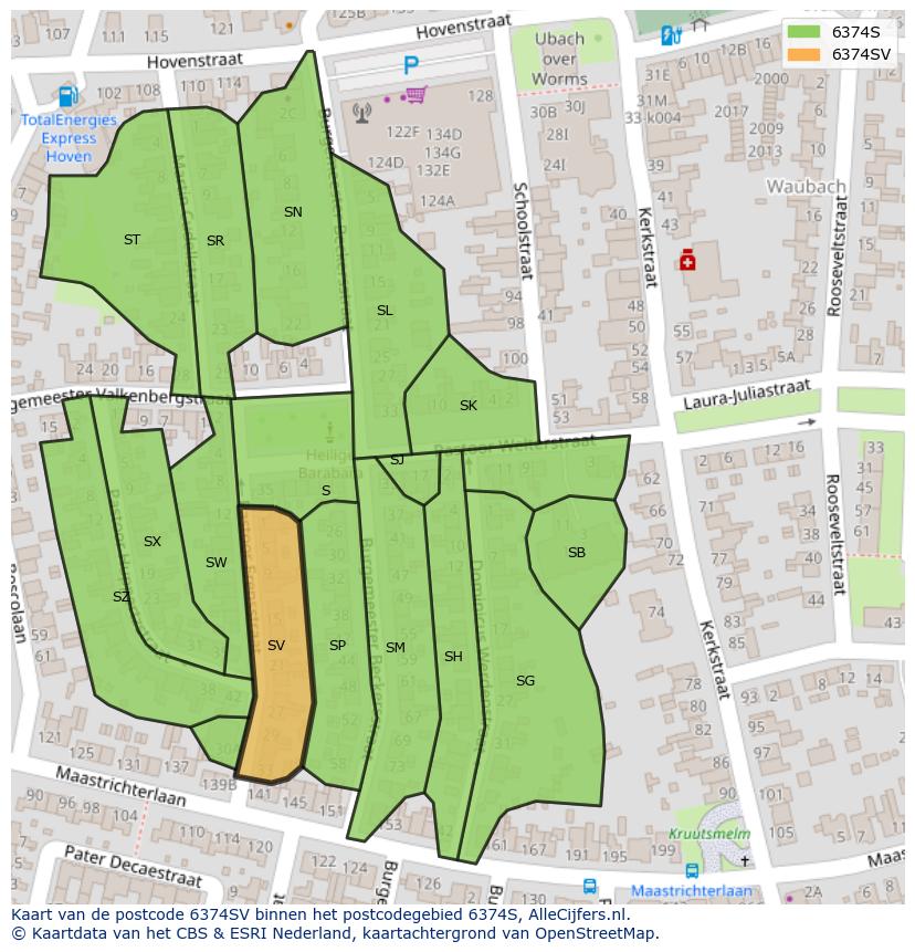 Afbeelding van het postcodegebied 6374 SV op de kaart.