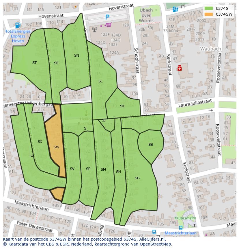 Afbeelding van het postcodegebied 6374 SW op de kaart.