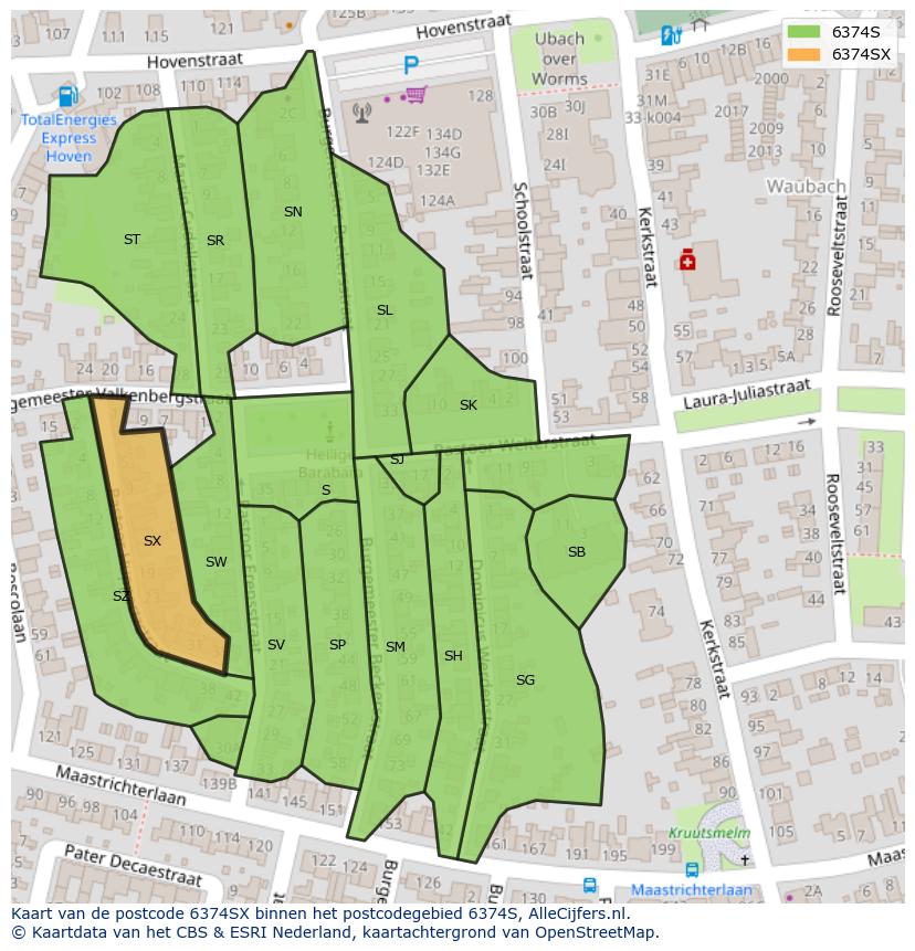 Afbeelding van het postcodegebied 6374 SX op de kaart.