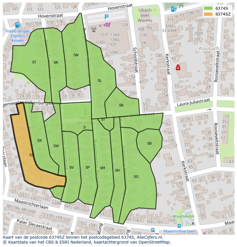 Afbeelding van het postcodegebied 6374 SZ op de kaart.