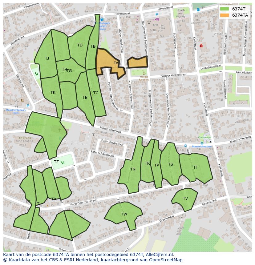 Afbeelding van het postcodegebied 6374 TA op de kaart.