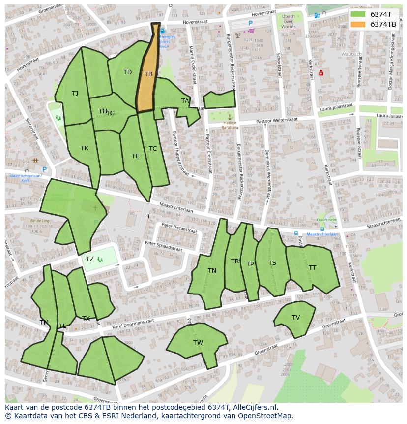 Afbeelding van het postcodegebied 6374 TB op de kaart.
