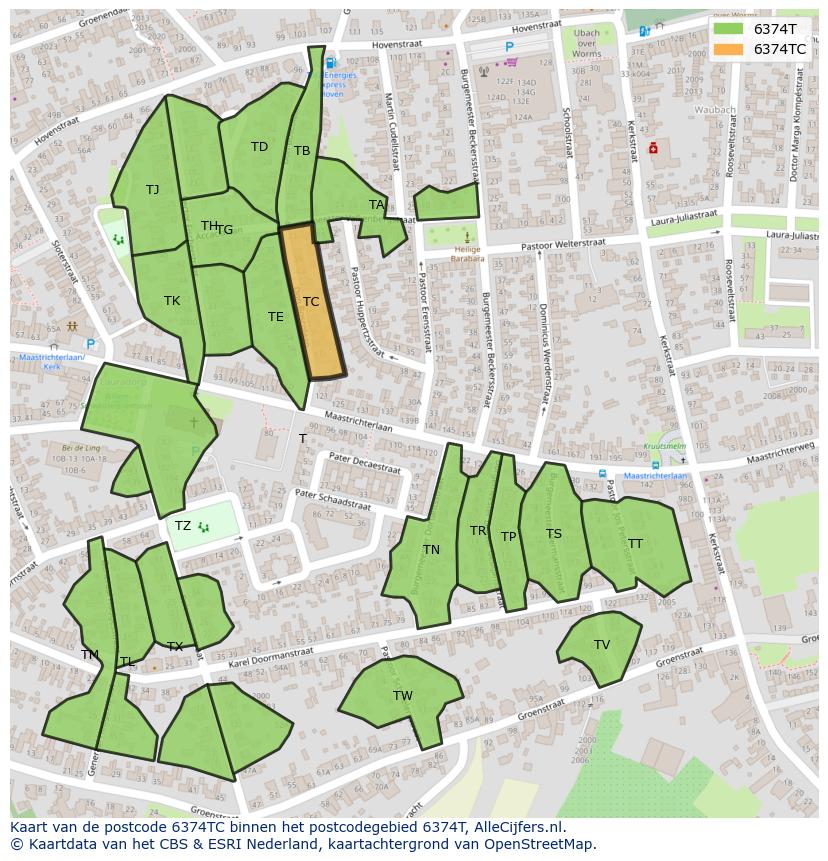 Afbeelding van het postcodegebied 6374 TC op de kaart.