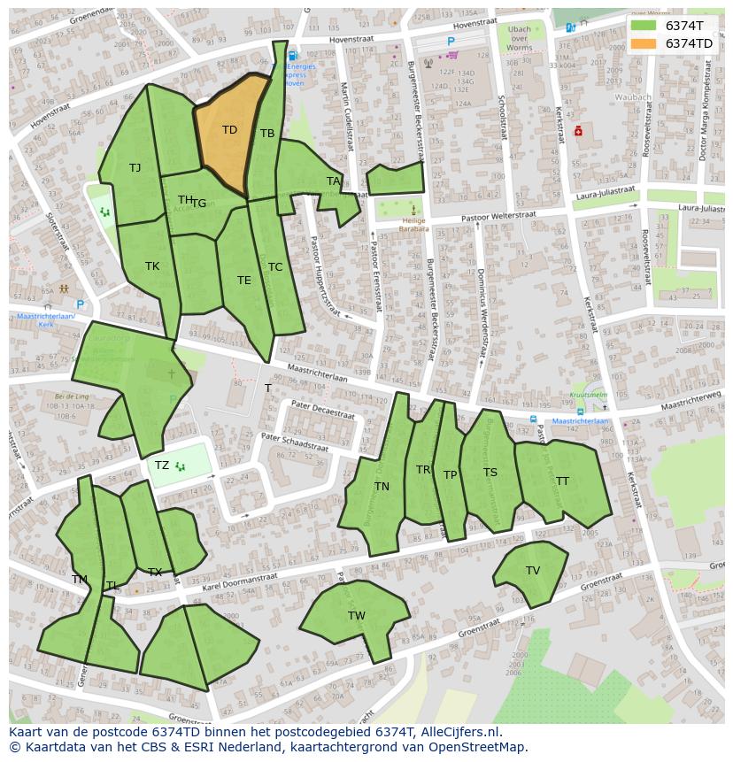 Afbeelding van het postcodegebied 6374 TD op de kaart.