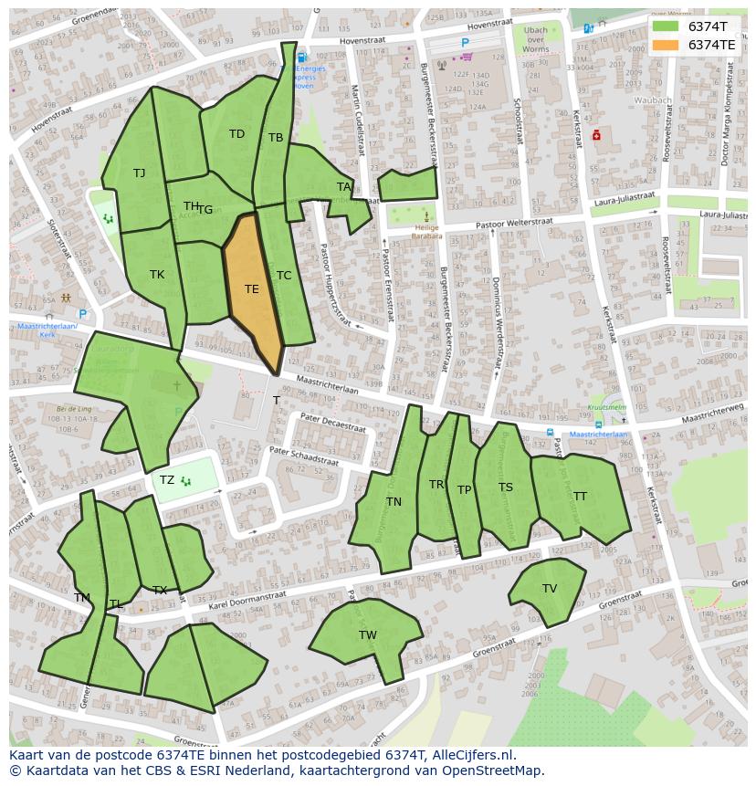 Afbeelding van het postcodegebied 6374 TE op de kaart.