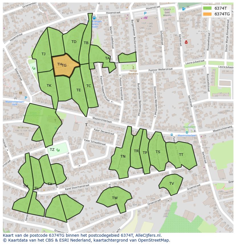 Afbeelding van het postcodegebied 6374 TG op de kaart.