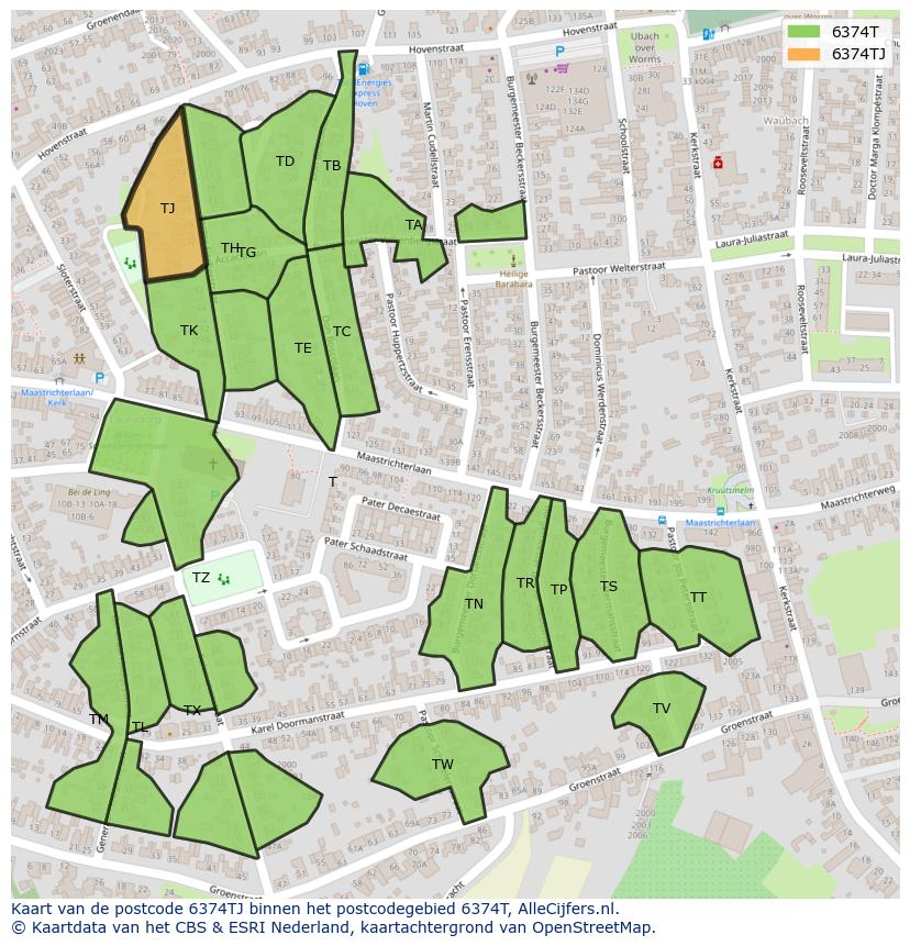 Afbeelding van het postcodegebied 6374 TJ op de kaart.