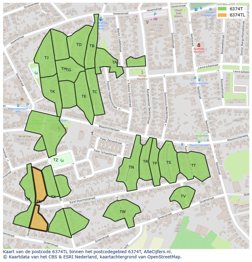 Afbeelding van het postcodegebied 6374 TL op de kaart.