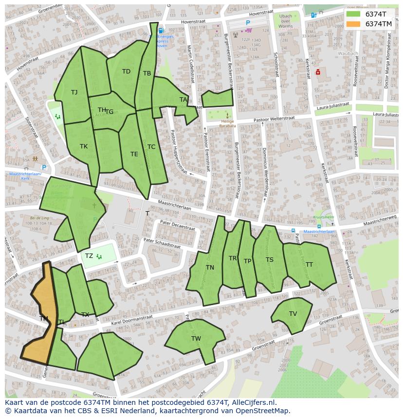 Afbeelding van het postcodegebied 6374 TM op de kaart.