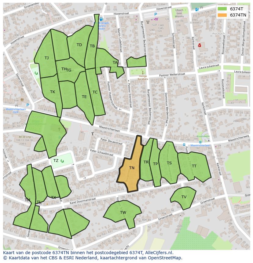 Afbeelding van het postcodegebied 6374 TN op de kaart.