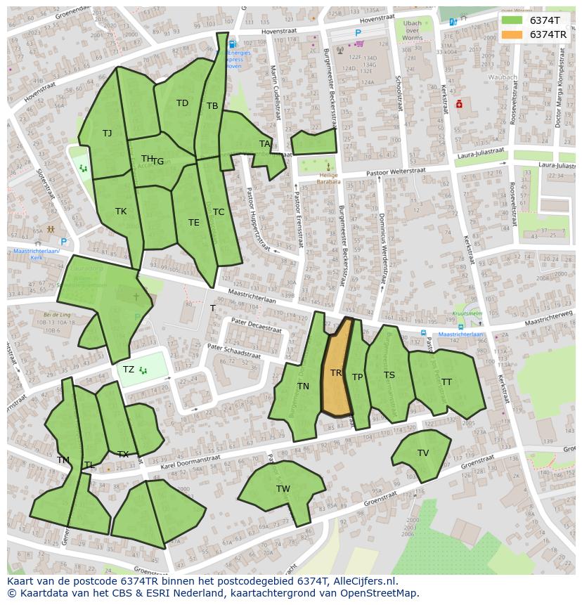 Afbeelding van het postcodegebied 6374 TR op de kaart.
