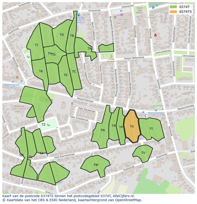 Afbeelding van het postcodegebied 6374 TS op de kaart.