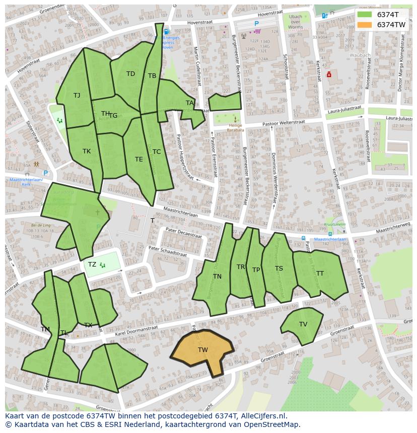 Afbeelding van het postcodegebied 6374 TW op de kaart.