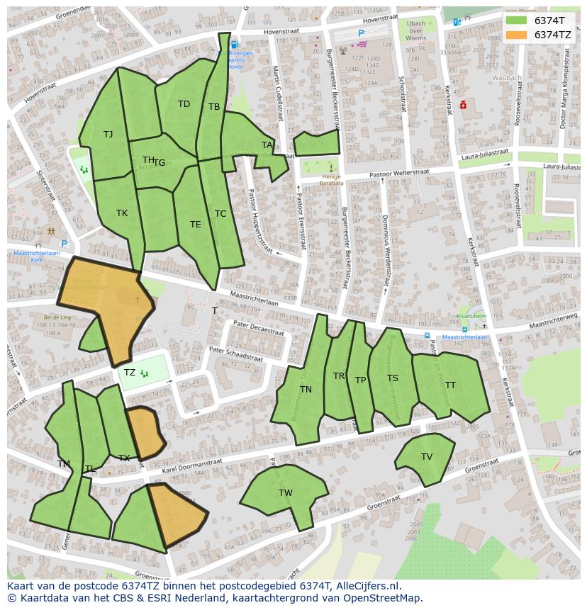 Afbeelding van het postcodegebied 6374 TZ op de kaart.