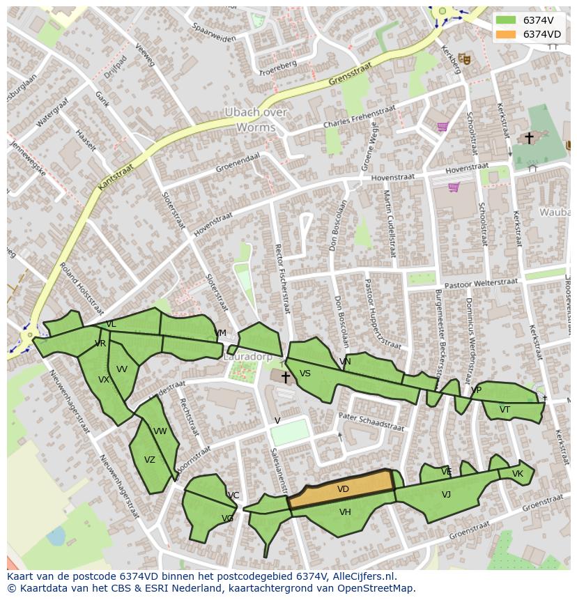 Afbeelding van het postcodegebied 6374 VD op de kaart.