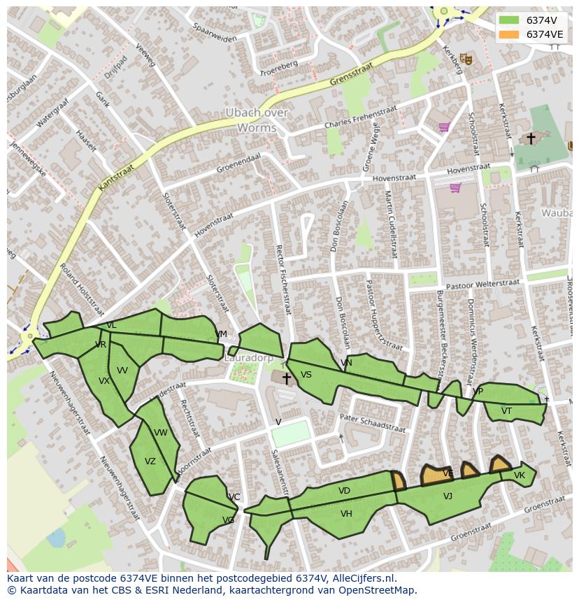 Afbeelding van het postcodegebied 6374 VE op de kaart.