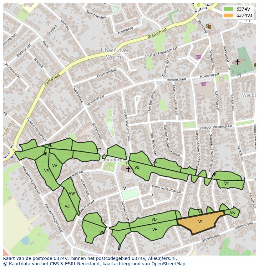 Afbeelding van het postcodegebied 6374 VJ op de kaart.