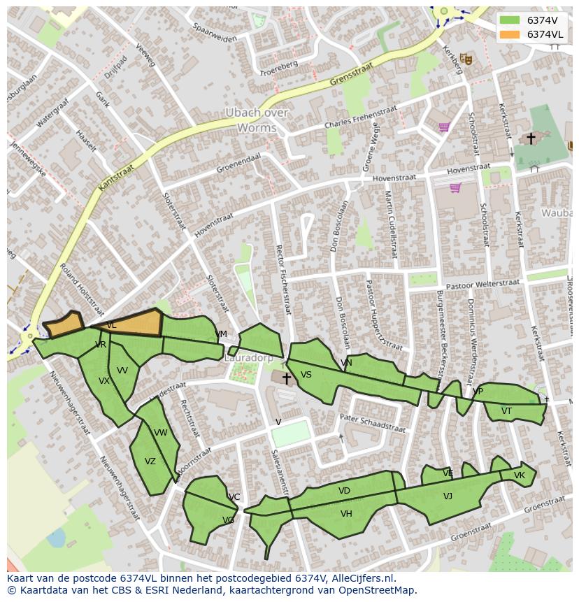 Afbeelding van het postcodegebied 6374 VL op de kaart.