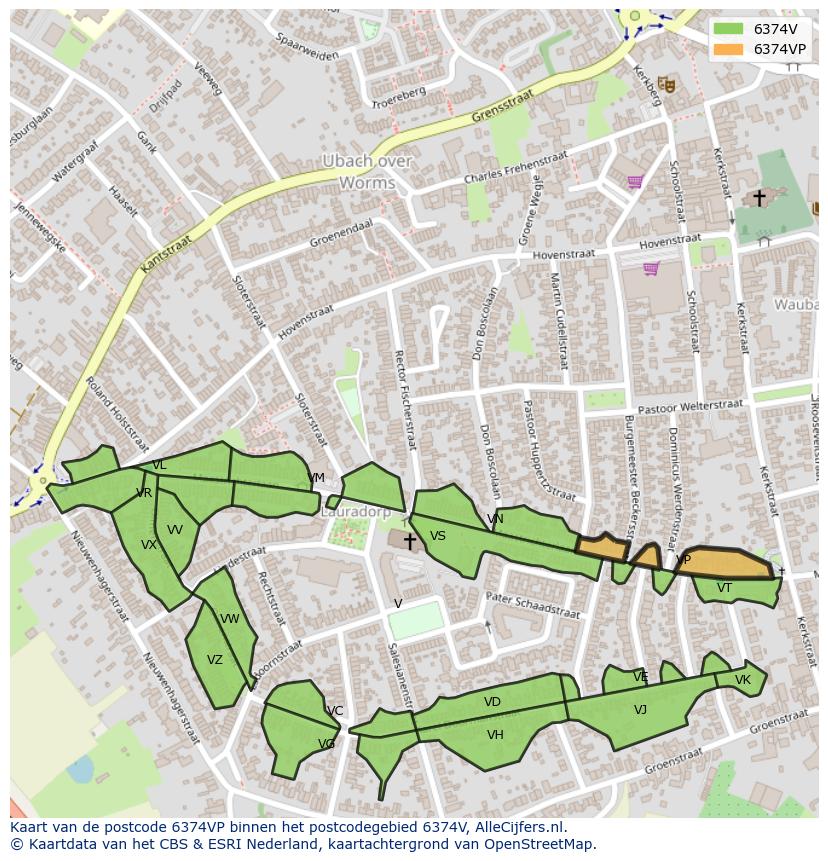 Afbeelding van het postcodegebied 6374 VP op de kaart.