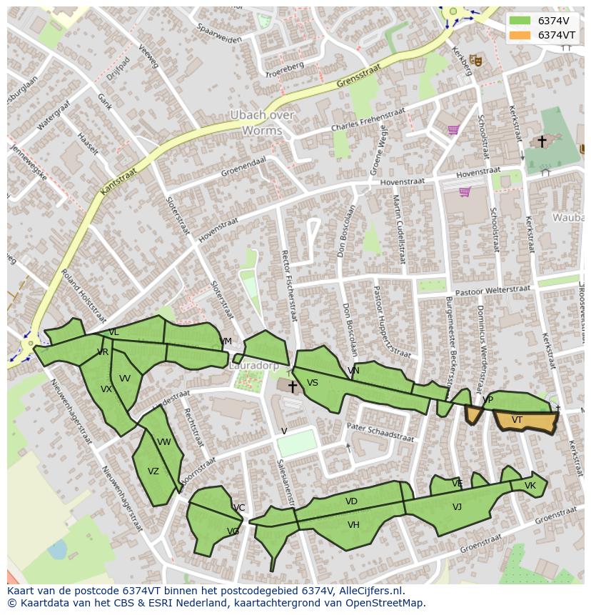 Afbeelding van het postcodegebied 6374 VT op de kaart.