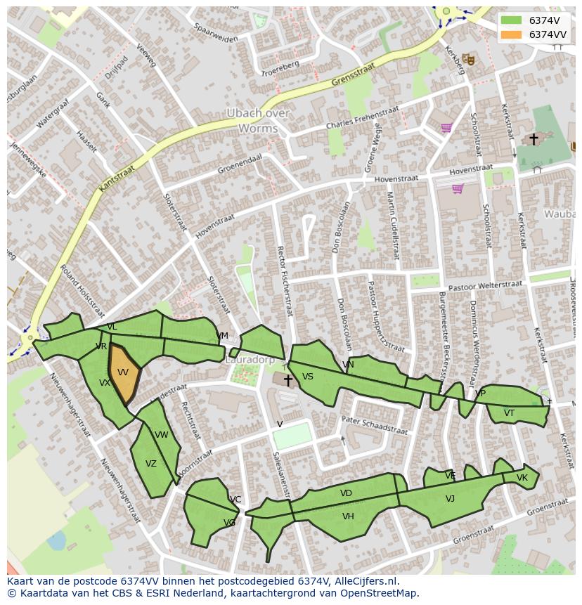 Afbeelding van het postcodegebied 6374 VV op de kaart.