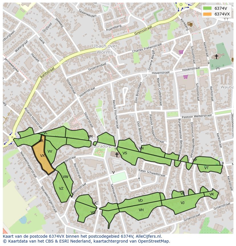Afbeelding van het postcodegebied 6374 VX op de kaart.