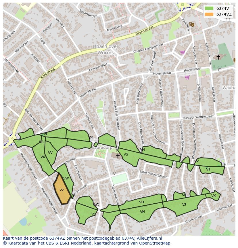 Afbeelding van het postcodegebied 6374 VZ op de kaart.