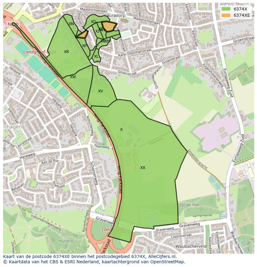 Afbeelding van het postcodegebied 6374 XE op de kaart.
