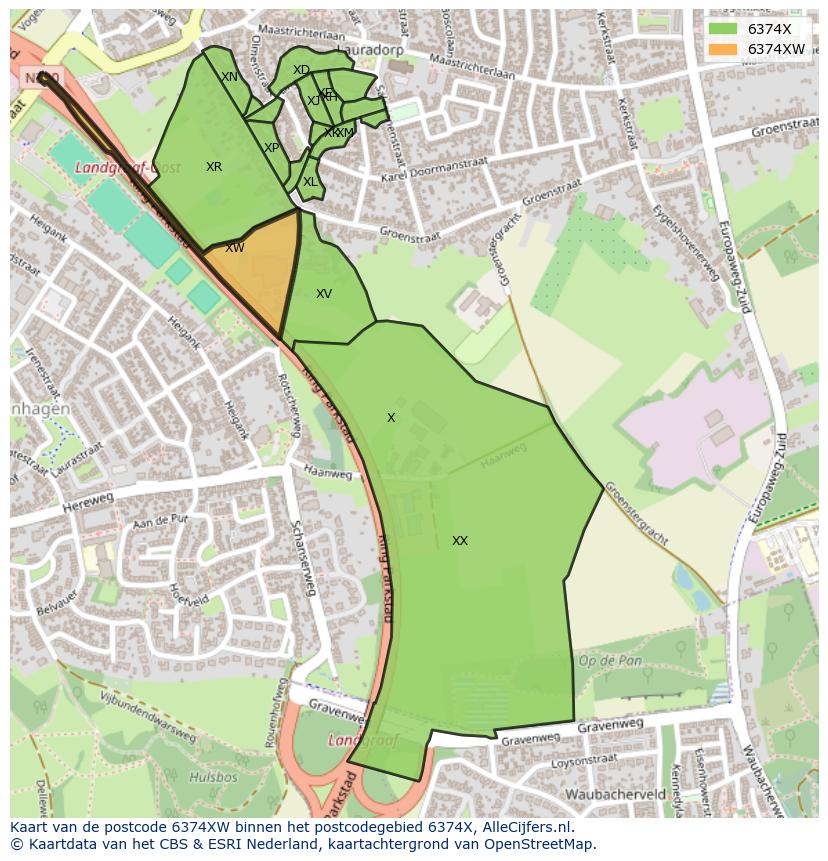 Afbeelding van het postcodegebied 6374 XW op de kaart.