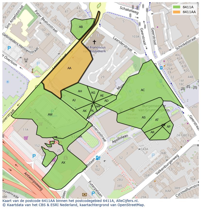 Afbeelding van het postcodegebied 6411 AA op de kaart.
