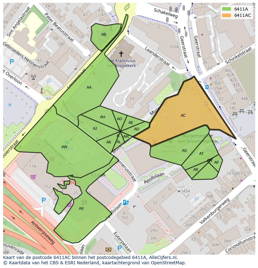 Afbeelding van het postcodegebied 6411 AC op de kaart.