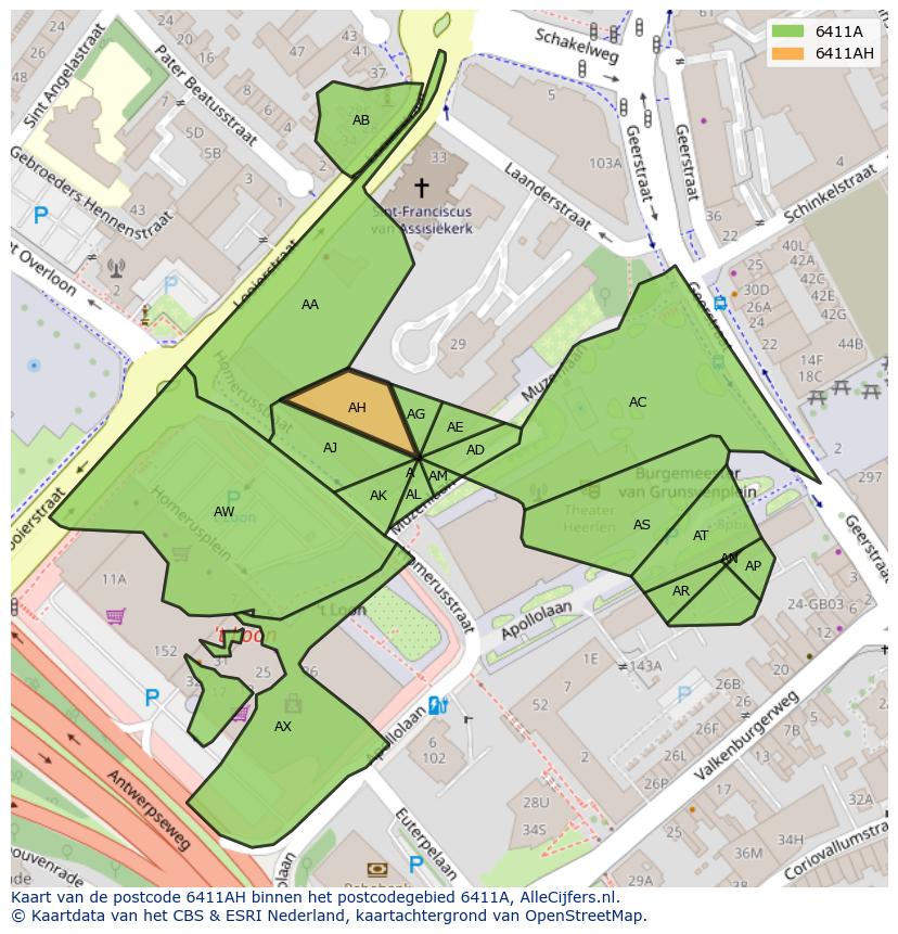 Afbeelding van het postcodegebied 6411 AH op de kaart.
