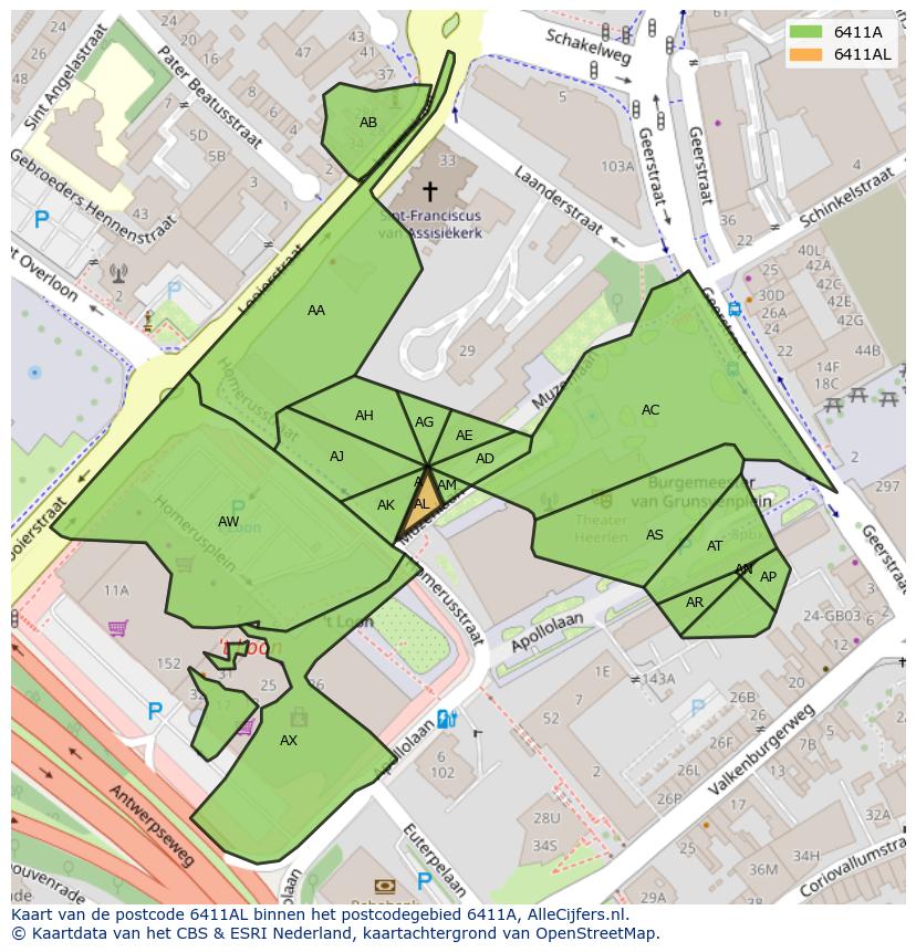 Afbeelding van het postcodegebied 6411 AL op de kaart.