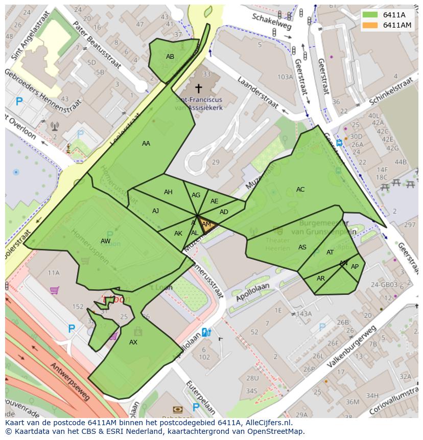 Afbeelding van het postcodegebied 6411 AM op de kaart.