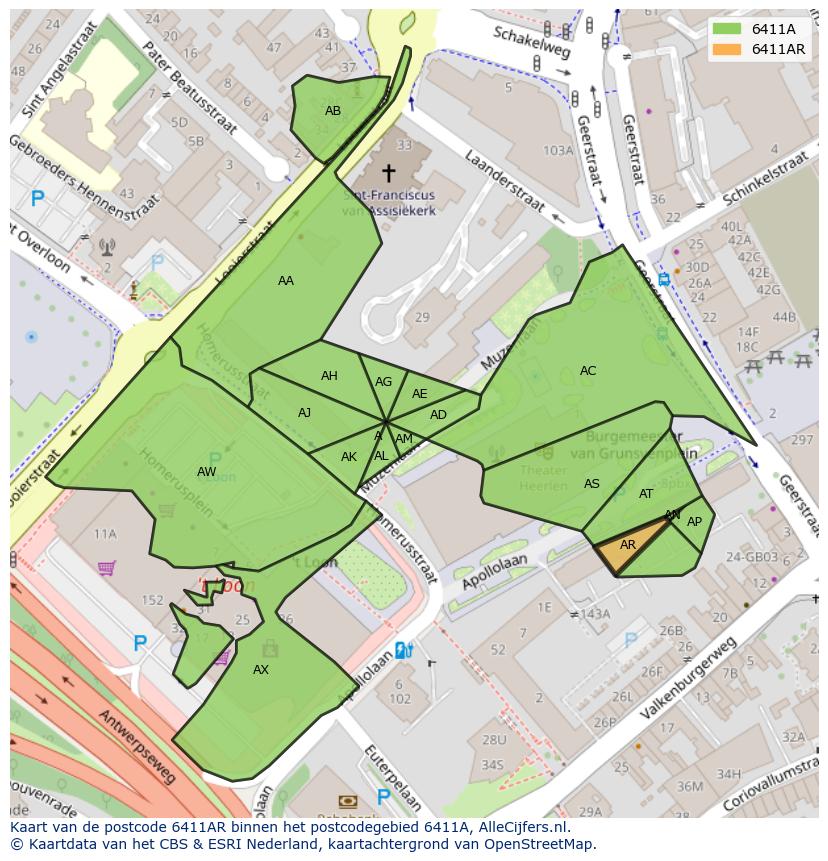 Afbeelding van het postcodegebied 6411 AR op de kaart.